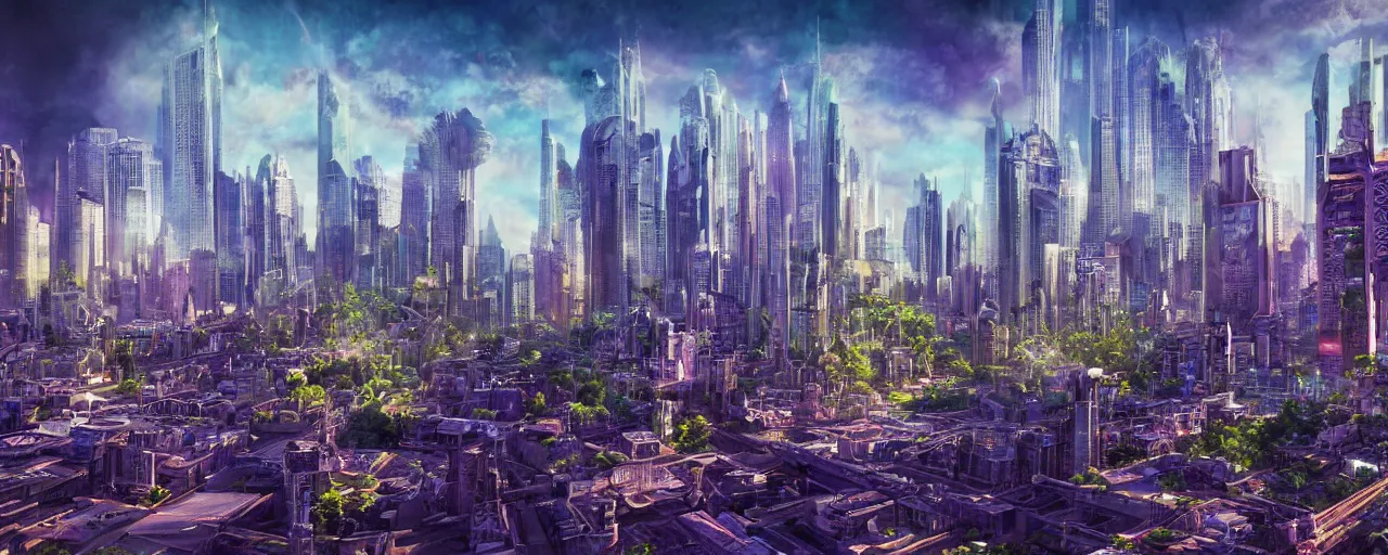 Image similar to close up skyline a futuristic yet traditional metropolis city in a utopia, matte painting, digital painting, intricate, small details, national geographic cover, award winning, 4 k, botanical garden, lush, bright, clear, smooth,