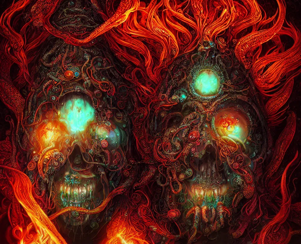 Image similar to psychedelic shaman close-up portrait. amanita muscaria phoenix head, nautilus, insect, skull, ice and fire, bioluminiscent creatures, intricate artwork by Tooth Wu and wlop and beeple. octane render, trending on artstation, greg rutkowski very coherent symmetrical artwork. cinematic, hyper realism, high detail, octane render, 8k