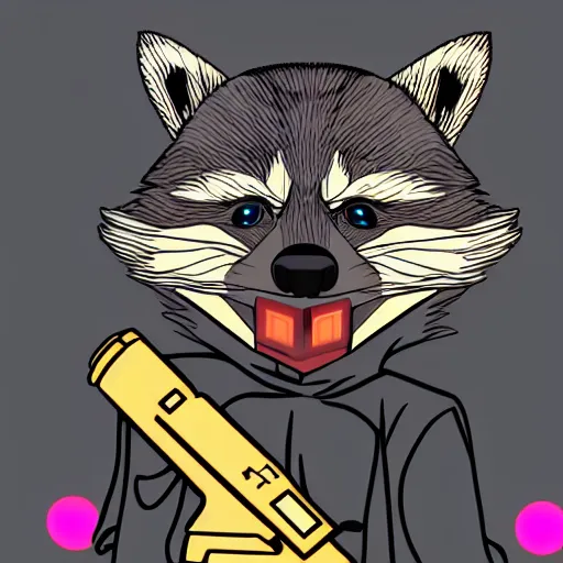 Prompt: logo of a racoon holding a laser gun, digital art , 4K