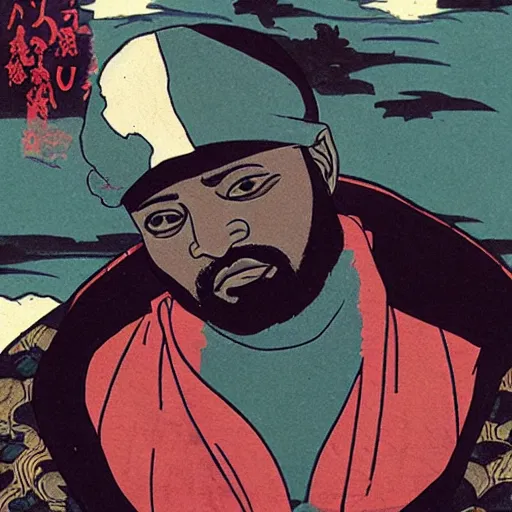 Prompt: Ghostface Killah rapping, portrait, style of ancient text, hokusai