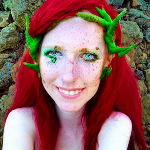 Image similar to elf druid, feminine, smiling, freckles, green eyes, red hair, tall