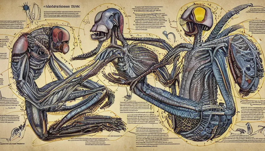 Prompt: illustrations from an alien anatomy textbook, infographics, highly detailed, intricate,
