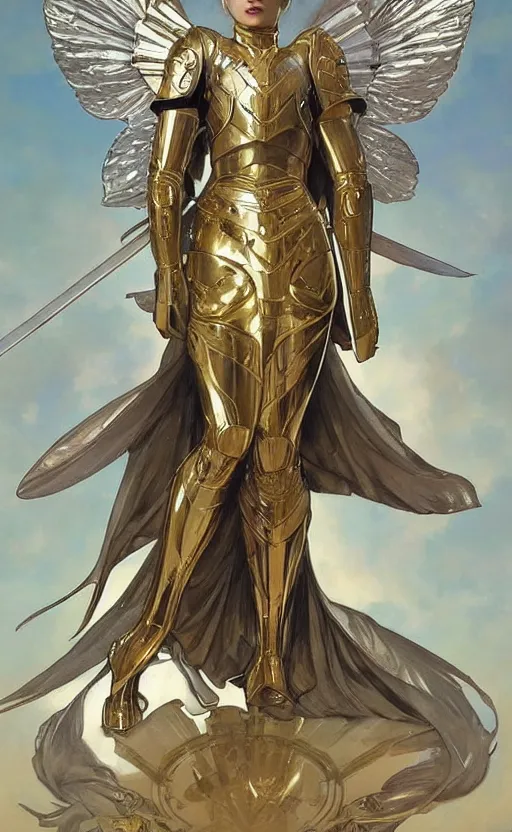 Image similar to Female knight angel in gold and silver armor, their white wings are extended. By artgerm and greg rutkowski and alphonse mucha