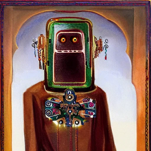 Image similar to a robot who wears muslim clothes, has a long beard, holds a rosary, and wears an arab abaya, oil painting