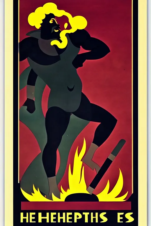 Image similar to art deco poster. hephaestus at the forge