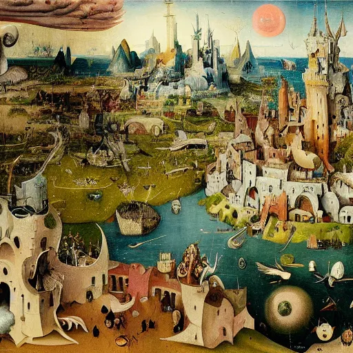 Prompt: a beautiful stunning insanely detailed complex matte painting of a magical mythical city at the edge of the world, by Hieronymus Bosch and Jim B