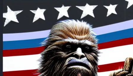 Image similar to joe biden makes sasquatch a federal agent in the oval office, photorealistic, ultra hd, 4 k, award winning, patriotic