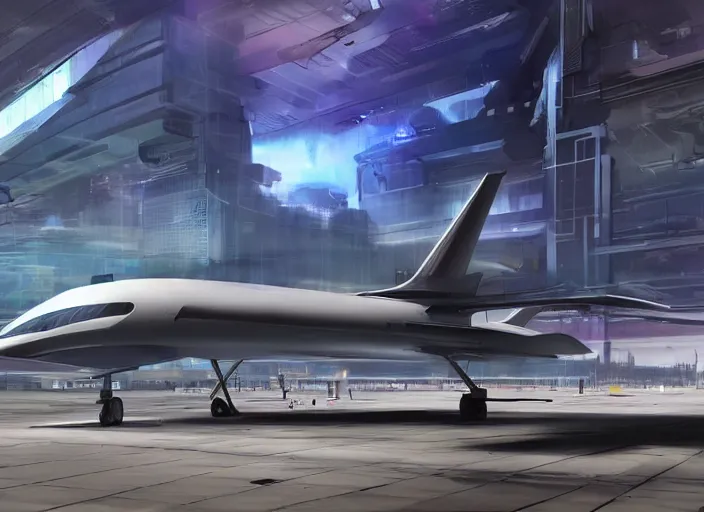 Image similar to futuristic jet plane arrives at runway of cyberpunk airport,cinematic lighting, concept art