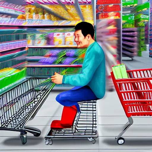 Image similar to chinese man sitting in shopping cart, realism style