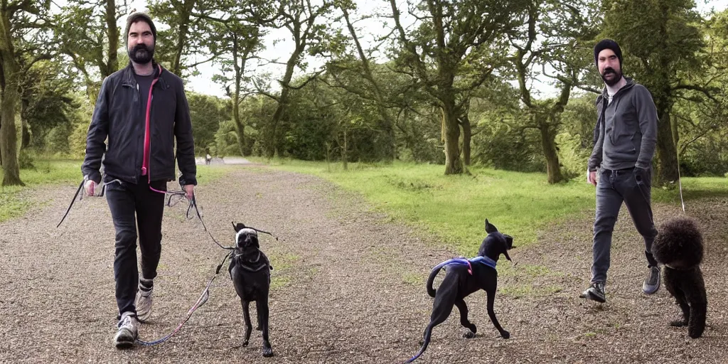 Prompt: adam buxton and his dog rosie recording a podcast while walking, norfolk, black dog, poodle-whippet, photorealistic