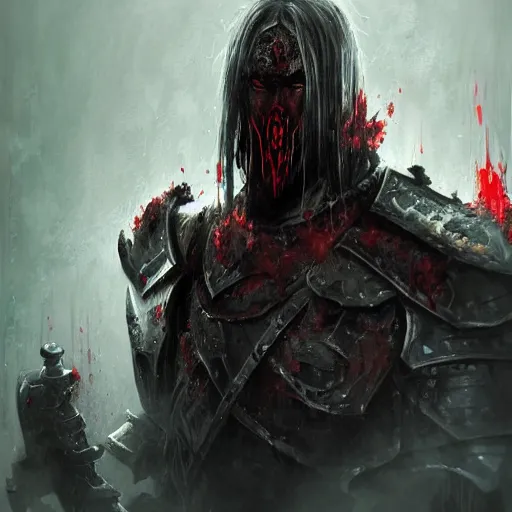 Image similar to blood death knight in heavy armor, artstation hall of fame gallery, editors choice, #1 digital painting of all time, most beautiful image ever created, emotionally evocative, greatest art ever made, lifetime achievement magnum opus masterpiece, the most amazing breathtaking image with the deepest message ever painted, a thing of beauty beyond imagination or words