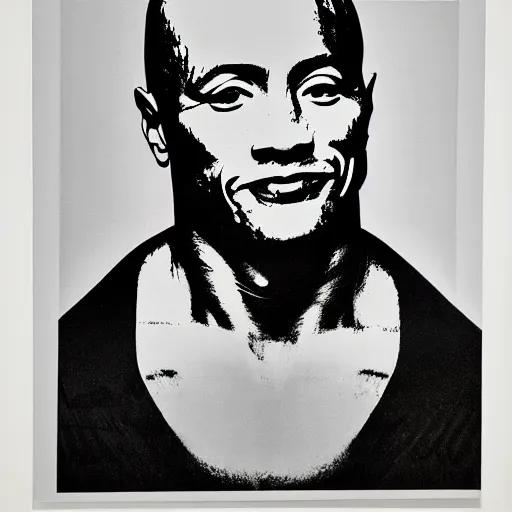 Image similar to a portrait of Dwayne Johnson, made by Andy Warhol, two tone, very high contrast, only black and white, simplistic, extremely high contrast, two tone, notan art, by Andy Warhol, minimalistic,