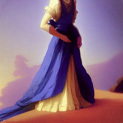 Prompt: a young woman's face, her hair is white and she wears an indigo blue satin cloak, by ivan aivazovsky and syd mead and moebius and gaston bussiere and roger dean and pieter claesz and paul delaroche and alma tadema and aelbert cuyp and jan heem, hyperrealistic, volumetric light, octane render