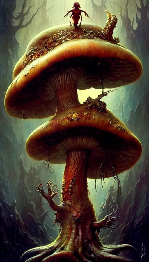 Image similar to exquisite imaginative imposing weird creature movie poster art humanoid hype realistic mushroom movie art by : : weta studio tom bagshaw james jean frank frazetta