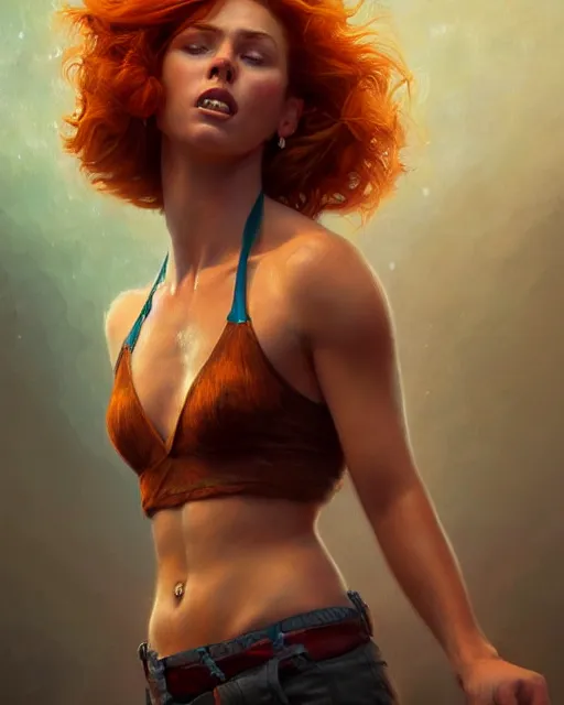 Image similar to : latina actress wearing halter top, perfect face, flowing ginger hair, abs, cinematic, stunning, athletic, strong, agile, highly detailed, psychedelic, digital painting, artstation, smooth, hard focus, illustration, art by jessica rossier and and brian froud