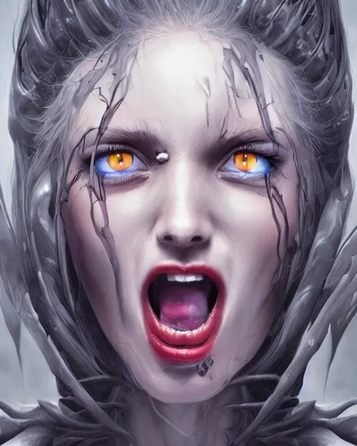 Image similar to death is swallowed up in victory, very detailed and beautiful face, screaming, artwork by artgerm, centered shot, wide angle, full body, islandpunk