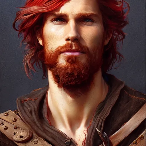 Image similar to portrait of a young ruggedly handsome but joyful pirate, male, masculine, upper body, red hair, long hair, d & d, fantasy, intricate, elegant, highly detailed, digital painting, artstation, concept art, matte, sharp focus, illustration, art by artgerm and greg rutkowski and alphonse mucha