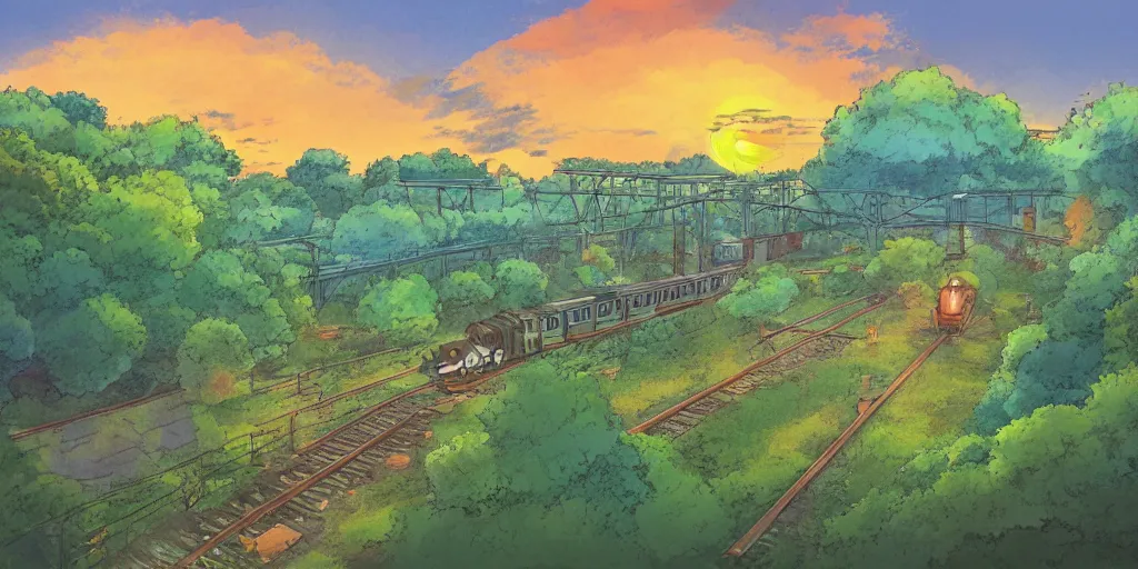 Image similar to a sunset railroad environment in the studio ghibli style, ghibli,