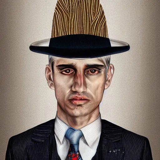 Prompt: a upper body portrait of a deer in a pinstriped suit and pants wearing a fedora with the antlers sticking out of the fedora adjusting his tie by artgerm and wlop, intricate detail, digital art, photorealistic, trending on artstation