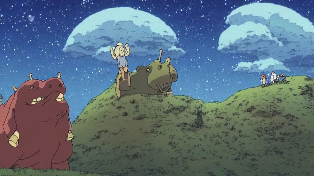 Image similar to a movie still from a studio ghibli film showing a lovecraftian hippopotamus from howl's moving castle ( 2 0 0 4 ). a pyramid is under construction in the background, in the rainforest on a misty and starry night. a ufo is in the sky. by studio ghibli