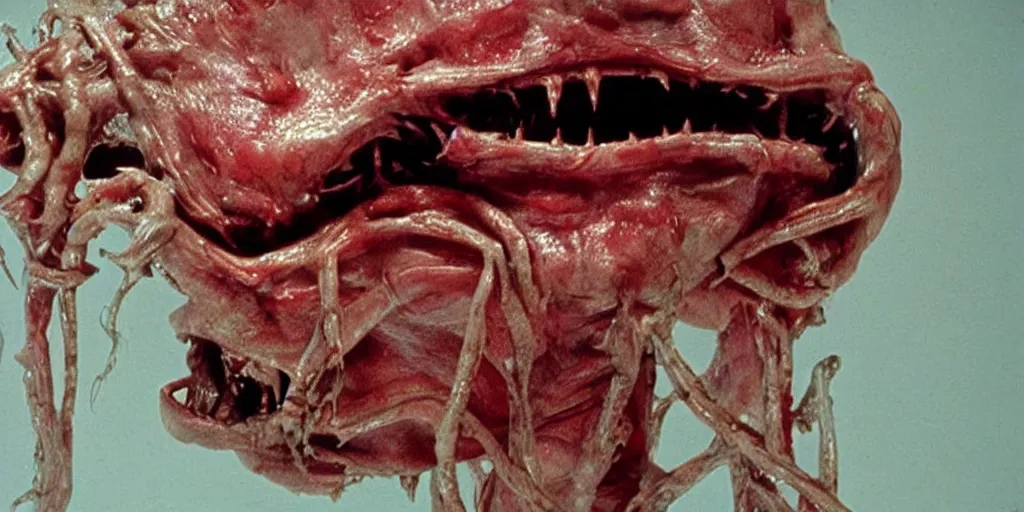 Image similar to filmic close up dutch angle movie still 35mm film color photograph of the snarling distorted human face of a mutated shape shifting organism made of human internal organs, disgusting dissected human tissue with a variety of grotesquely strewn together human and animal limbs, in the style of a horror film The Thing 1982