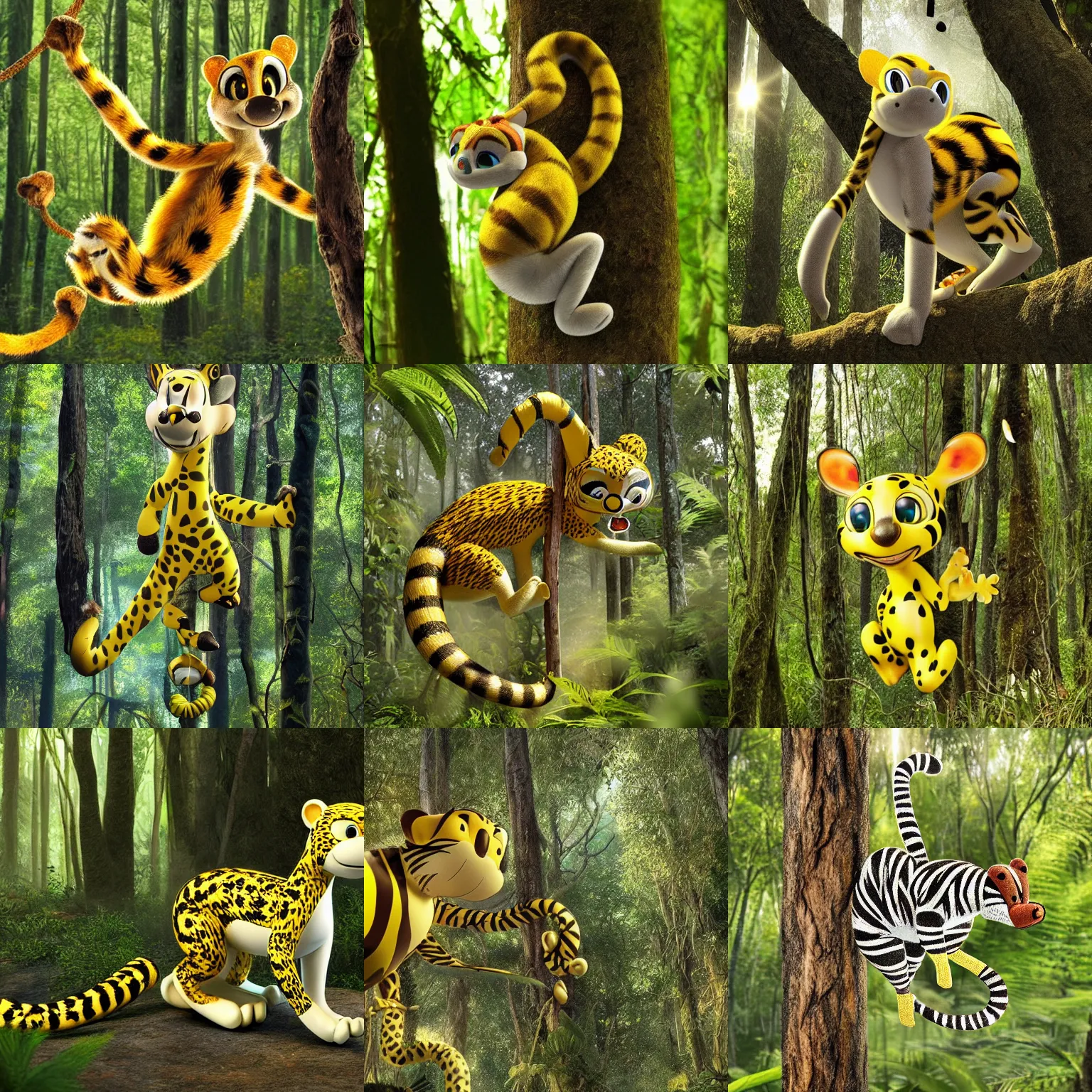 Prompt: the marsupilami in the forest, hanging, very long tail, photo realistic, light rays, highly detailed