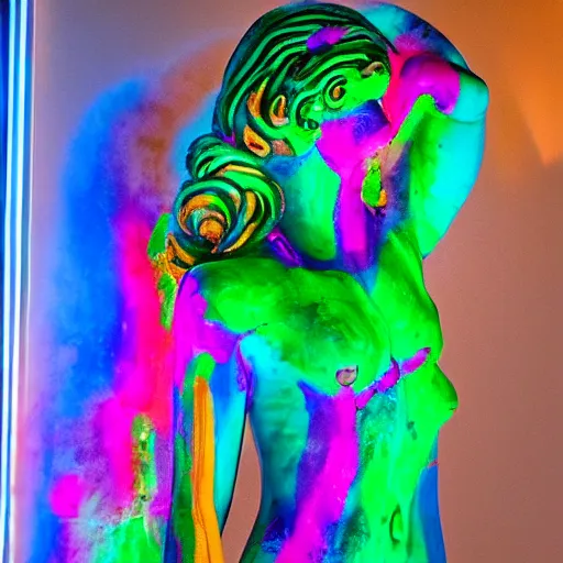 Prompt: Greek marble statue of a beautiful goddess covered in neon paint at a museum.