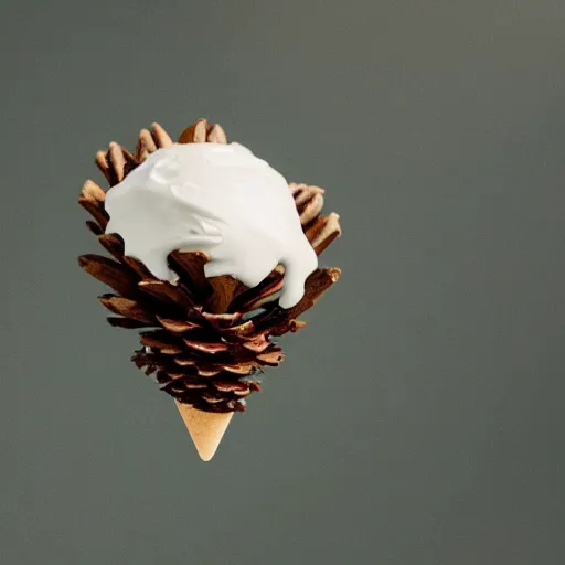 Image similar to a photograph of a levitating ice cream cone, with a pine cone in place of ice cream. shallow depth - of - field.