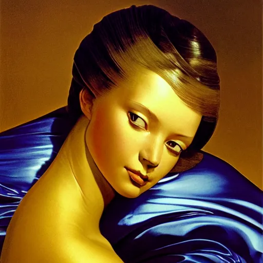 Image similar to a chrome woman's face in flowing sheets of cobalt blue gold chrome silver satin, by moebius syd mead roger dean donato giancola michael whelan yoshitaka amano ivan aivazovsky jan de heem pieter claesz paul delaroche alma tadema aelbert cuyp willem claesz isaac levitan, hyperrealistic volumetric light render