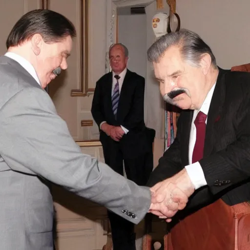 Prompt: Tom the Box meeting Lech Wałęsa, real men, real politics, hyper detailed, hyper realistic, newspaper photography