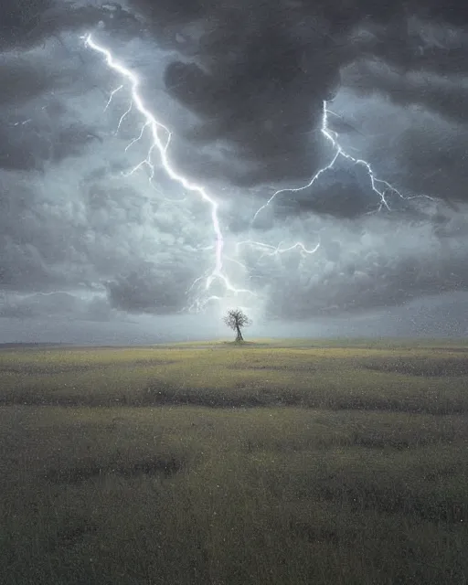 Image similar to a highly detailed epic cinematic concept art CG render digital painting artwork: Lone tree in lightning storm. By Greg Rutkowski, in the style of Francis Bacon and Syd Mead and Norman Rockwell and Beksinski, open ceiling, highly detailed, painted by Francis Bacon and Edward Hopper, painted by James Gilleard, surrealism, airbrush, Ilya Kuvshinov, WLOP, Stanley Artgerm, very coherent, triadic color scheme, art by Takato Yamamoto and James Jean
