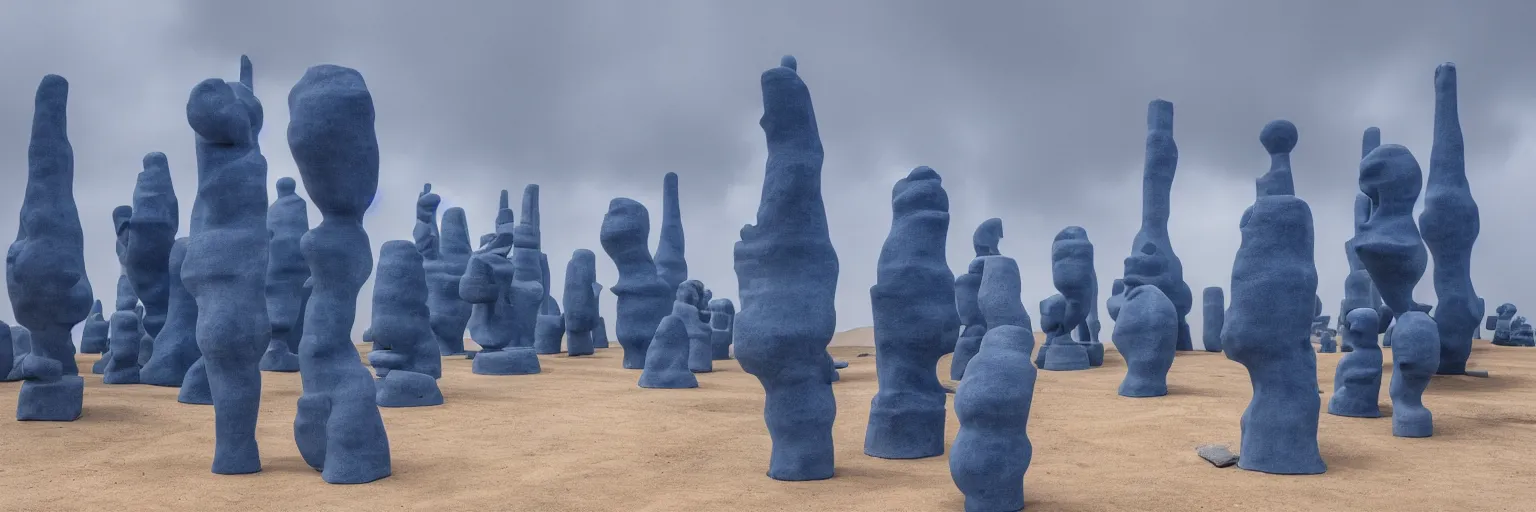 Prompt: towering blue ceramic statues in an en endless blue desert with an overcast sky, cinematic composition, coloured smoke in the distance