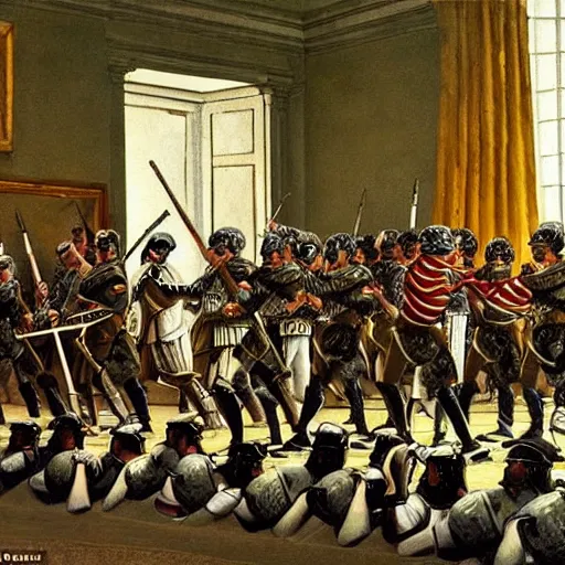 Prompt: an army of roman soldiers raids the White House, painting, stylized, by Norman Rockwell