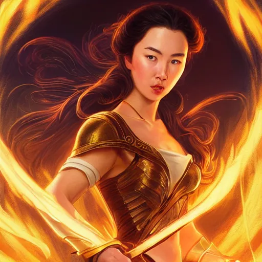 Image similar to Jessica Henwick clothed in pure golden light energy and holding a flaming sword, D&D, highly detailed, digital painting, artstation, concept art, sharp focus, illustration, art by artgerm and greg rutkowski and alphonse mucha