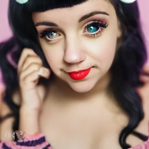 Image similar to Melanie Martinez, XF IQ4, 150MP, 50mm, f/1.4, ISO 200, 1/160s, natural light, Adobe Photoshop, Adobe Lightroom, DxO Photolab, Corel PaintShop Pro, rule of thirds, symmetrical balance, depth layering, polarizing filter, Sense of Depth, AI enhanced