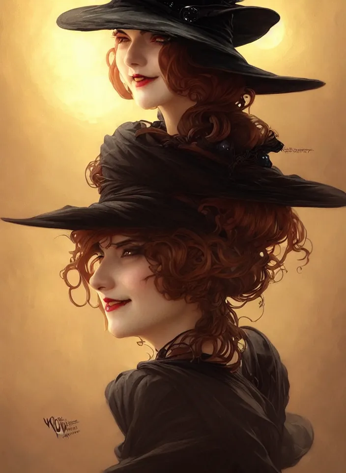 Image similar to halloween witch woman in a hat smiles, fantasy magic, undercut hairstyle, dark light night, intricate, elegant, sharp focus, illustration, highly detailed, digital painting, concept art, matte, art by wlop and artgerm and greg rutkowski and alphonse mucha, masterpiece