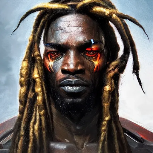 Image similar to A frontal portrait of The Predator with dreadlocks, by dreadjim, Greg Rutkowski, james gurney, epic scifi character art, Exquisite detail, post-processing, low angle view, masterpiece, cinematic