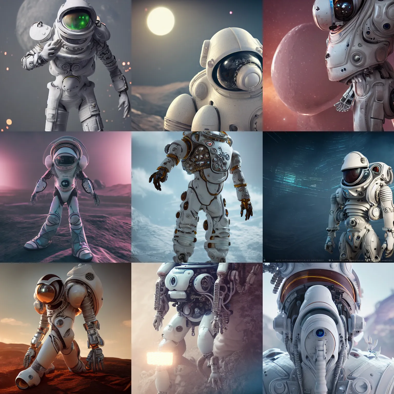 Prompt: photography of a white futuristic steampunk space builder suit armor, in an colorful alien planet, ultra detail, beautiful light, high detail, 8 k, f / 2. 8, octane render