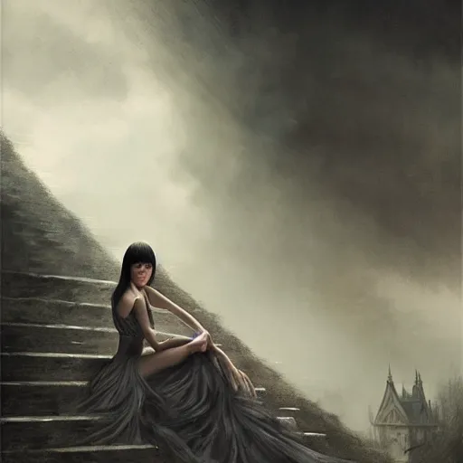 Image similar to like dust, magic gathers in overlooked places, photorealistic portrait of yuja wang in style of tom bagshaw and greg rutkowski. absolutely stunning!, sitting on the palace stairs, symmetrical perfect face, porcelain skin, ultra - detailed, digital art, 8 k