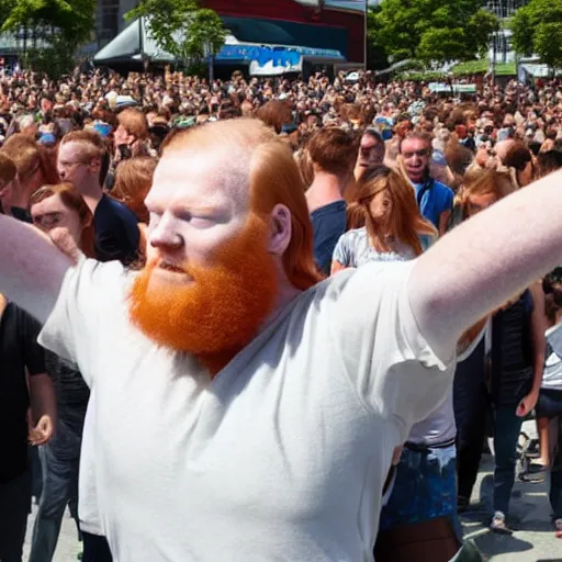 Prompt: a 3 0 foot tall, ginger, balding man walking among the crowd