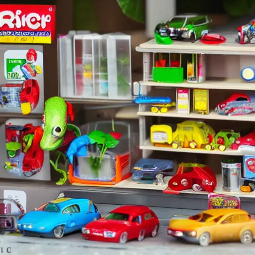 Image similar to fisher price garage with carnivorous plants on the shelves and packing peanuts on the floor, scene from tv show hyper detailed 5 5 mm 8 5 mm, toy photography, made out of plastic