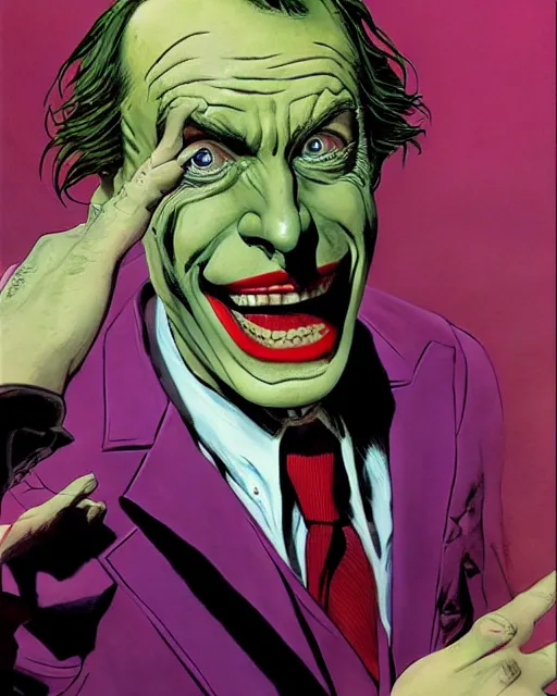 Prompt: portrait of saul goodman as the joker, colorful, art by makoto shinkai and peter elson, bernie wrightson