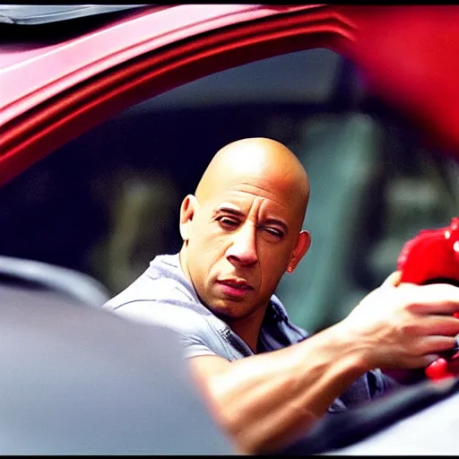 Image similar to vin diesel driving a children toy car, action movie, realistic, hd, 8 k, cinematic, car chase