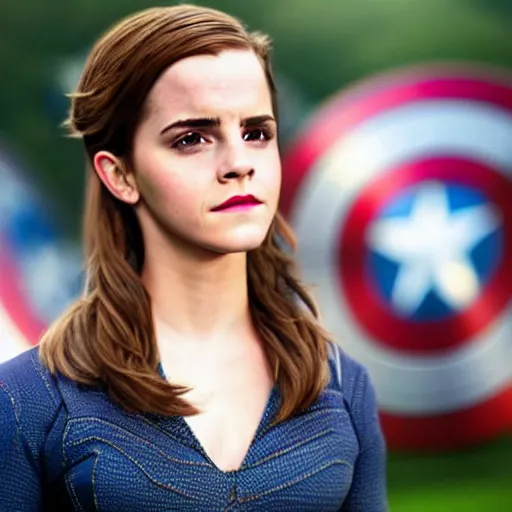 Prompt: Emma Watson as Captain America, 4k, film action shot
