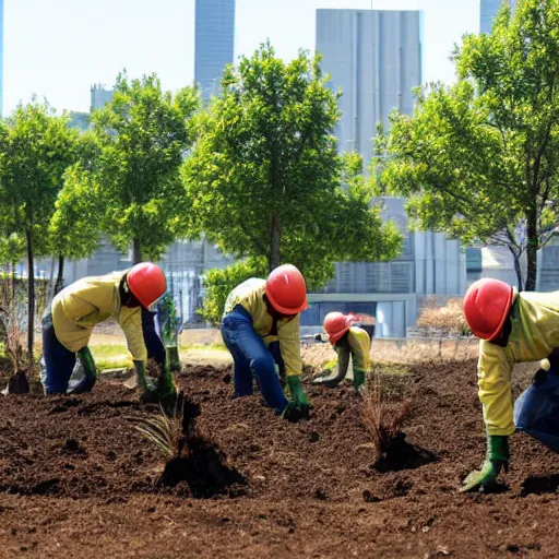 Image similar to a group of workers planting trees in front of a clean white sci fi containment building with a utopian city in the distance