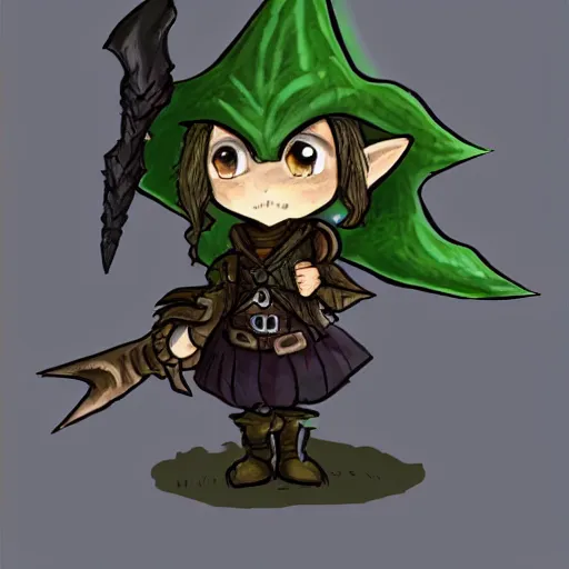 Prompt: cute tiny goblin girl wearing hunter armor from Bloodborne and a wizard hat, geeen skin, trending on ArtStation, d&d, chibi