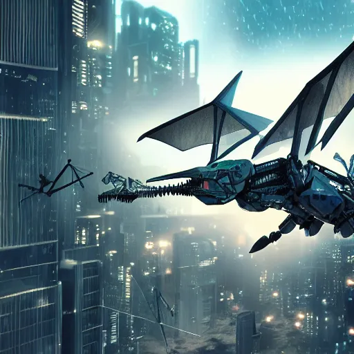 Prompt: hyper-realistic detailed photograph, long shot, robot mecha pterodactyl in flight over a dark city, cyberpunk