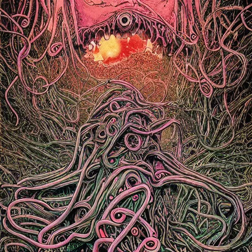 Image similar to psychedelic horror art eldritch forest of fingers and tentacles creepy horror by godmachine victo ngai yoji shinkawa junji ito shintaro kago apophasis hyperrealism photo - realistic demon hyperdetailed photography photorealistic