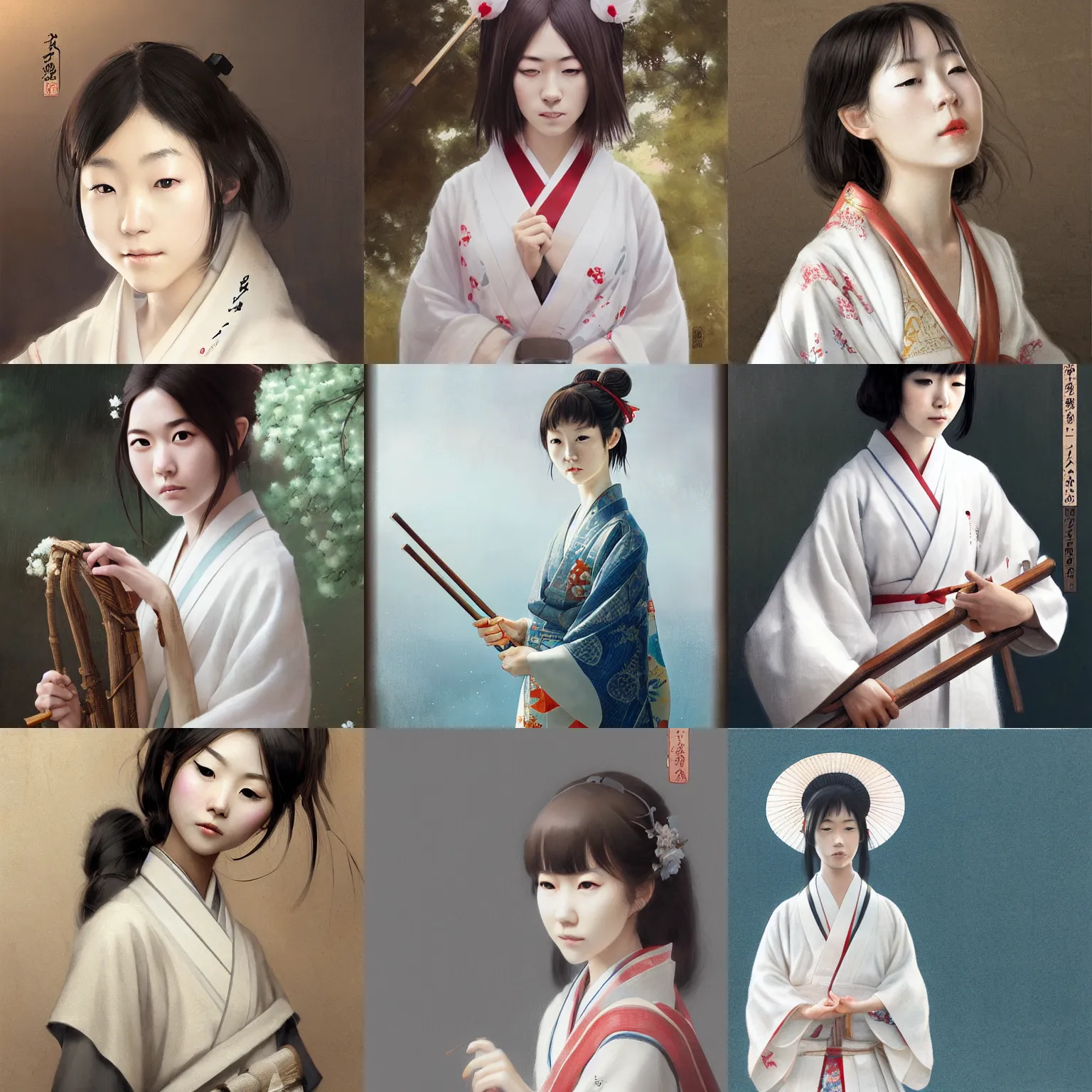 Prompt: japanese girl wearing a white kimono, holding a giant kanabo, digital art, 8 k resolution, cute face, very beautiful and pretty face, feminine face, very detailed eyes, by greg rutkowski, wlop