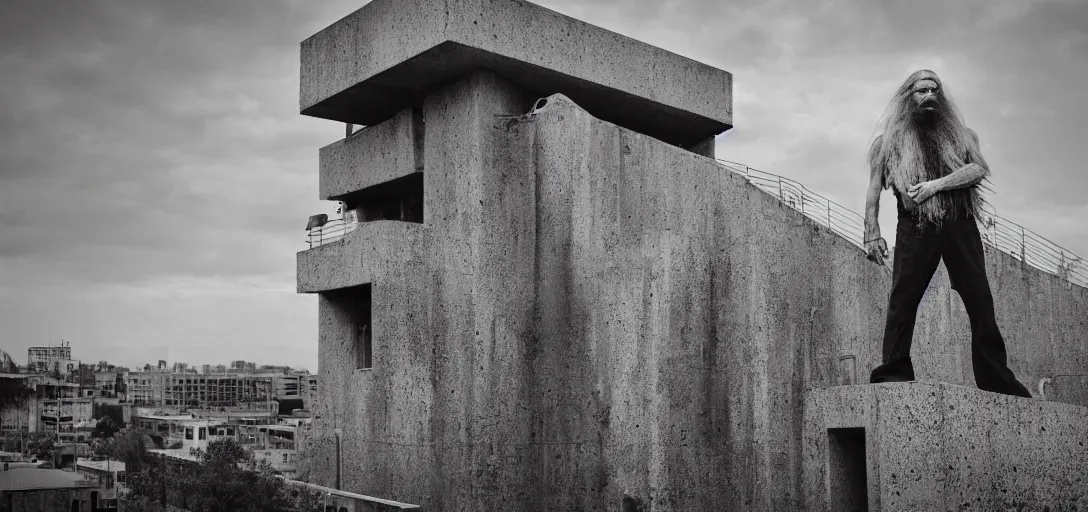 Image similar to the oldest hippy on earth, with a very long beard, standing atop a brutalist concrete building, cinematic shot, hyper realistic, hyper detailed